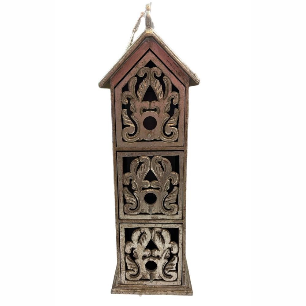 Bird House Storage Tower Drawers Carved Silver Tone Shabby Decor Cottagecore - Picture 2 of 7
